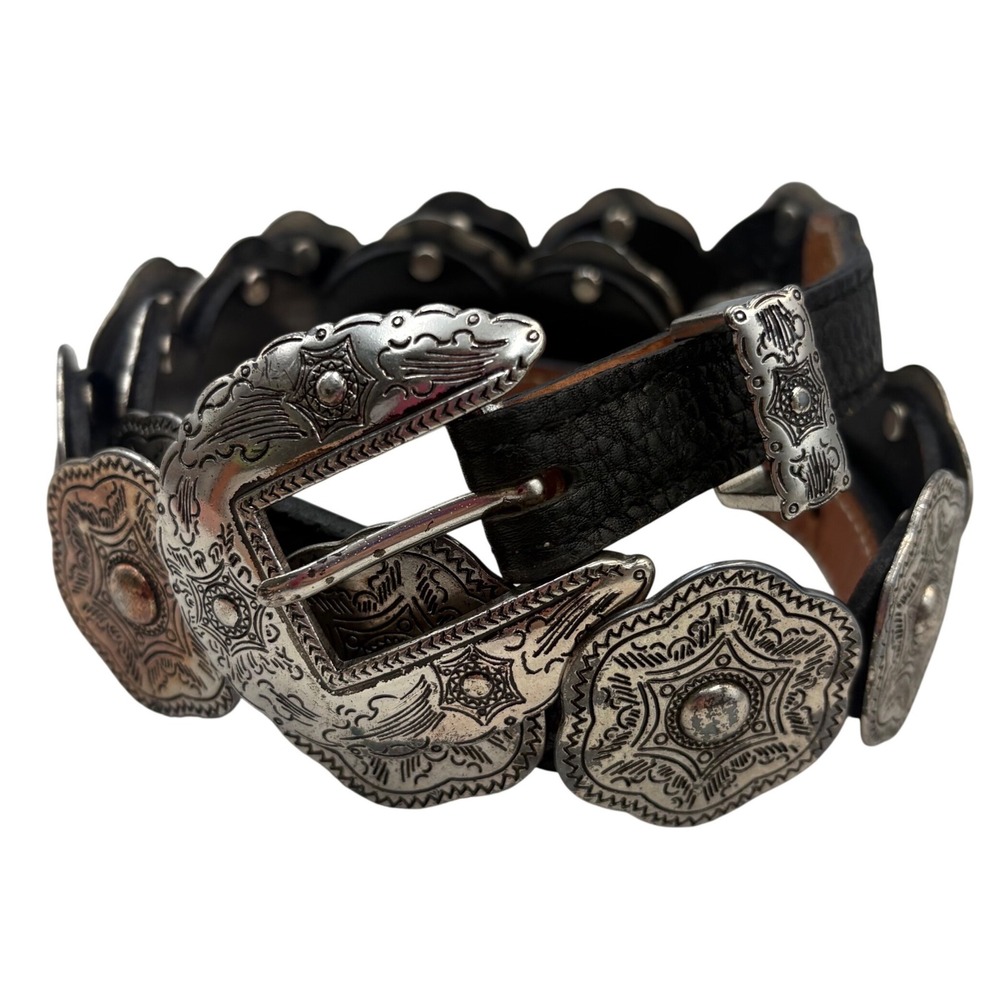 Vintage Concho Belt Womens 34 L/XL Black Leather Silver Ornate Western Buckle